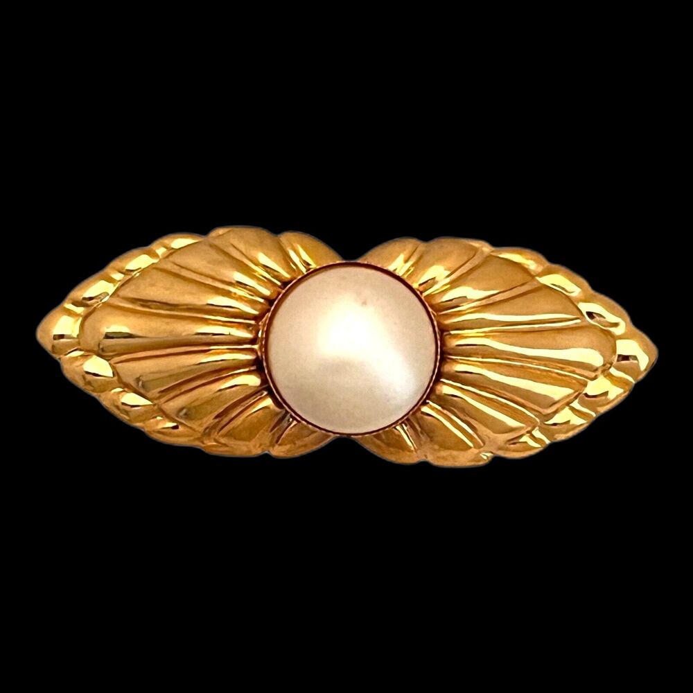 Vintage 1980s Bar Brooch Simulated Pearl Gold Tone Statement Pin - 13B